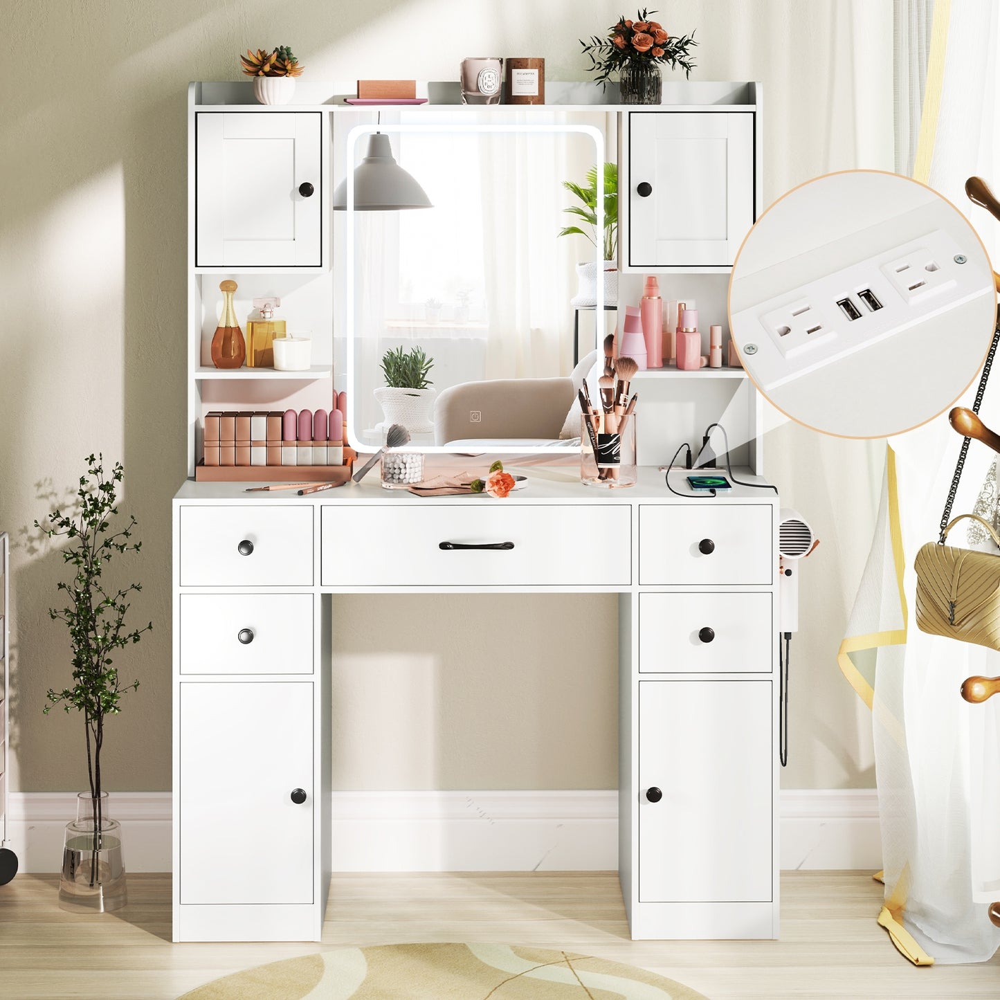 LED Lighted Makeup Vanity with Mirror, Charging Station and Storage Drawers