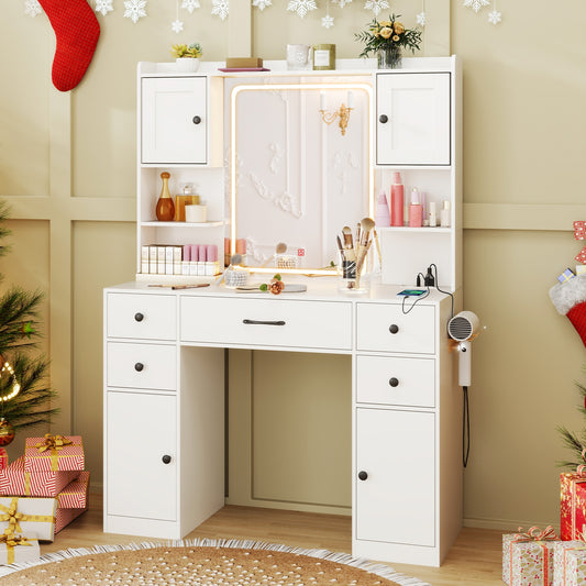 LED Lighted Makeup Vanity with Mirror, Charging Station and Storage Drawers