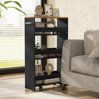 Slim Rolling Storage Cart with 4 Shelves and Handle, Narrow Organizer on Wheels - Black
