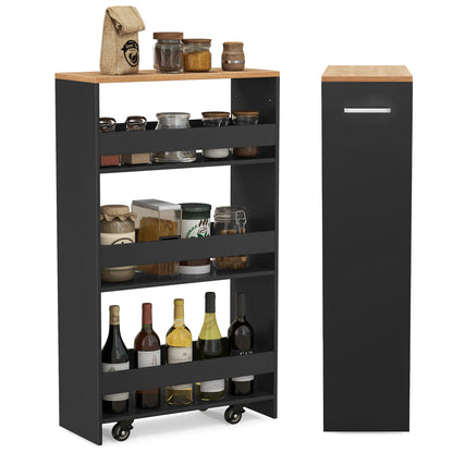 Slim Rolling Storage Cart with 4 Shelves and Handle, Narrow Organizer on Wheels - Black