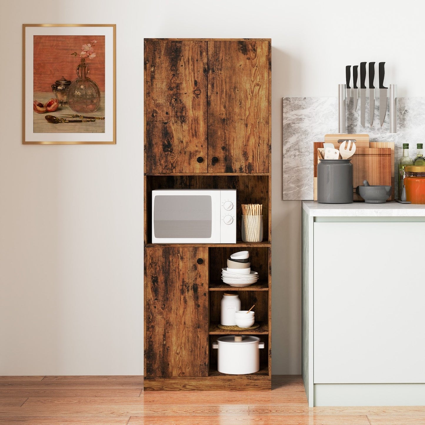 Tall Kitchen Pantry Cabinet with Microwave Shelf and Adjustable Storage Shelves - Rustic Brown