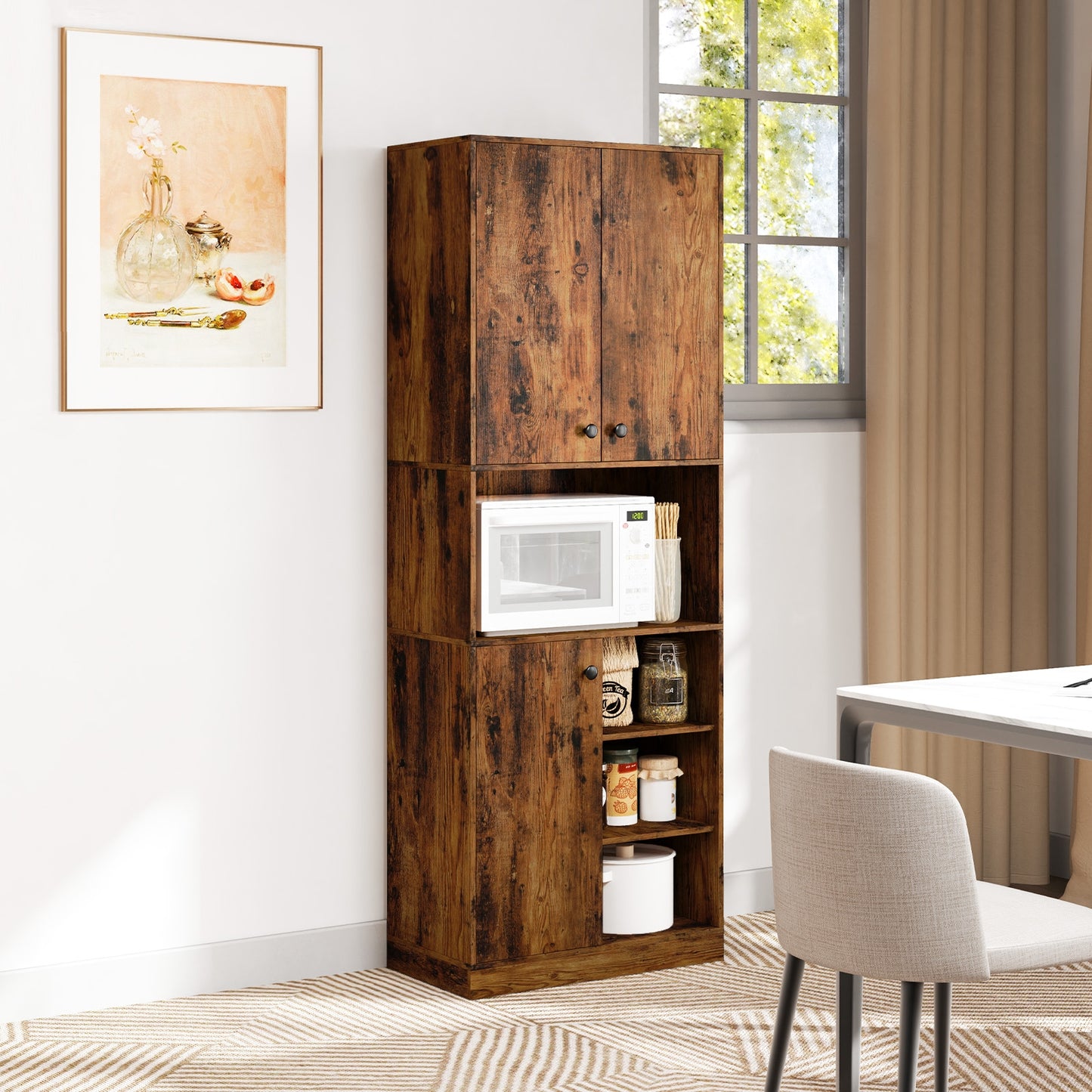 Tall Kitchen Pantry Cabinet with Microwave Shelf and Adjustable Storage Shelves - Rustic Brown