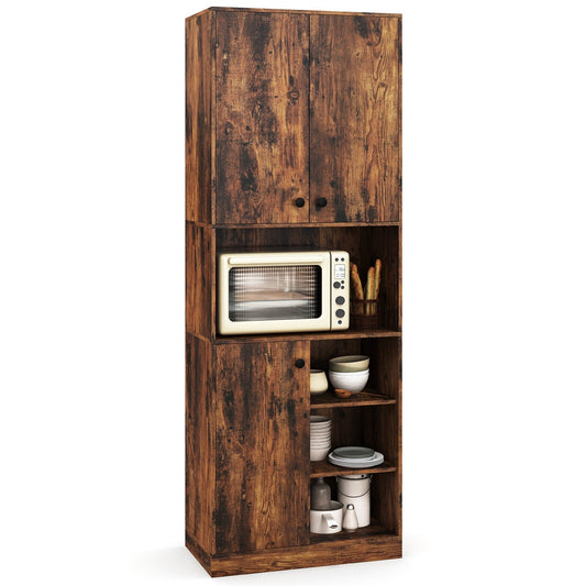 Tall Kitchen Pantry Cabinet with Microwave Shelf and Adjustable Storage Shelves - Rustic Brown