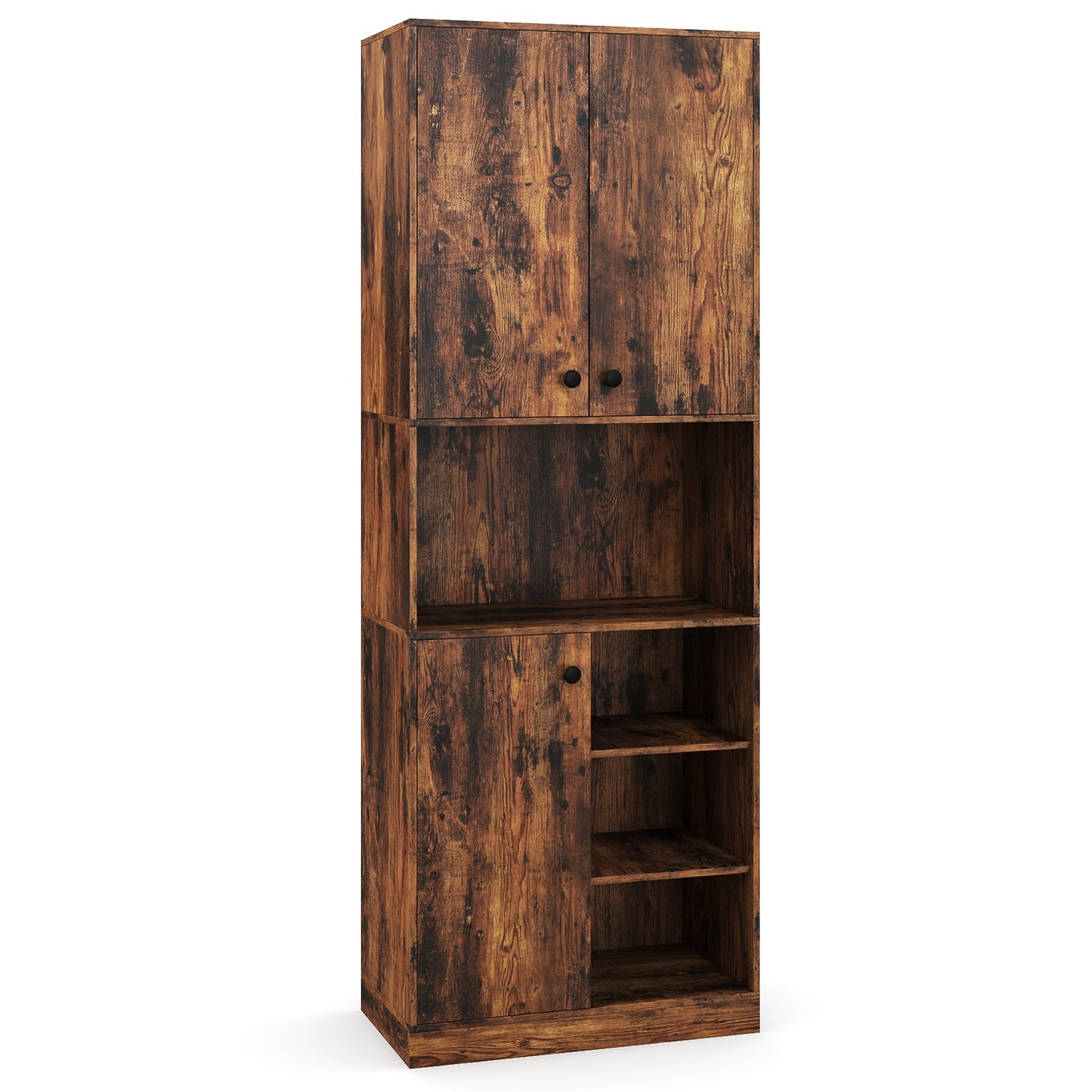 Tall Kitchen Pantry Cabinet with Microwave Shelf and Adjustable Storage Shelves - Rustic Brown