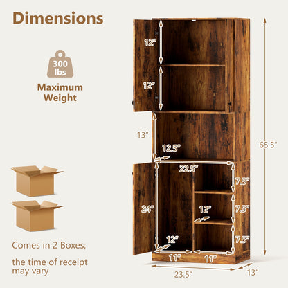 Tall Kitchen Pantry Cabinet with Microwave Shelf and Adjustable Storage Shelves - Rustic Brown