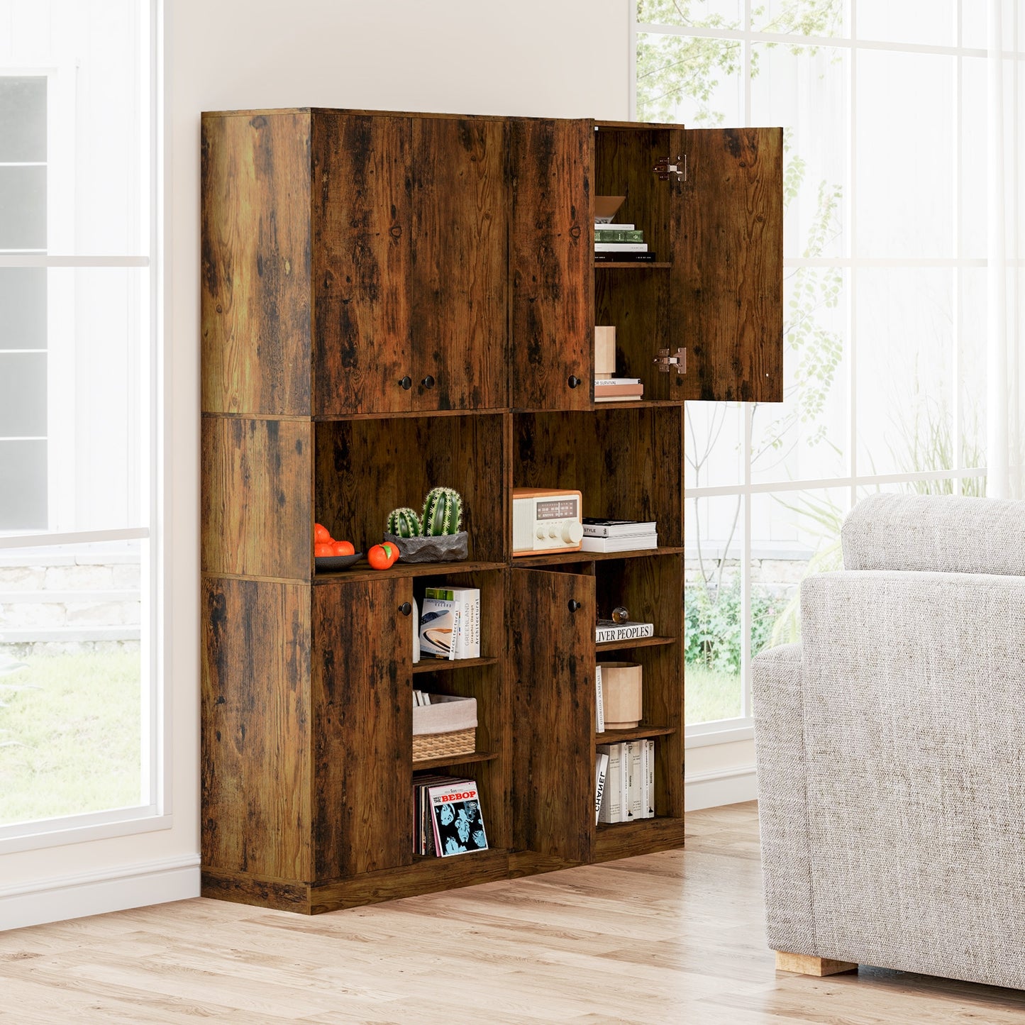 Tall Kitchen Pantry Cabinet with Microwave Shelf and Adjustable Storage Shelves - Rustic Brown