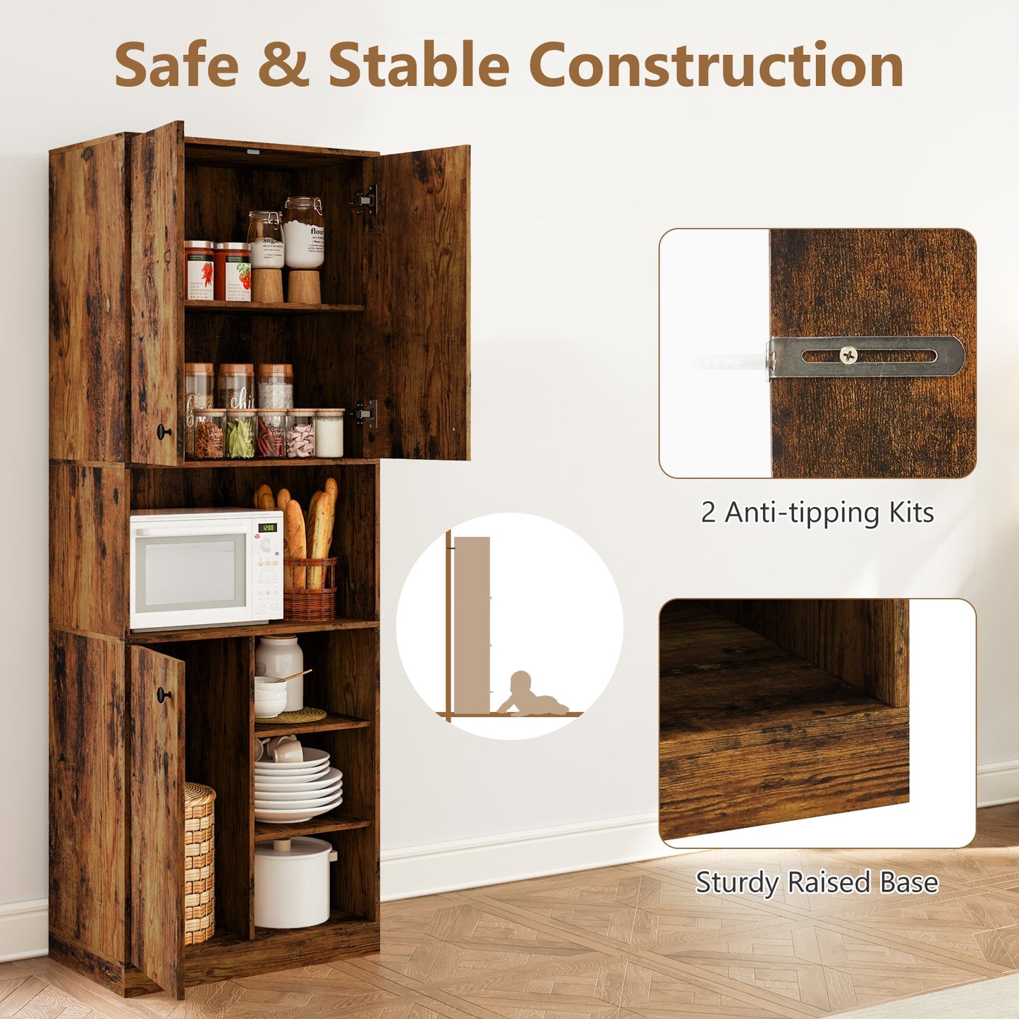 Tall Kitchen Pantry Cabinet with Microwave Shelf and Adjustable Storage Shelves - Rustic Brown