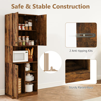 Tall Kitchen Pantry Cabinet with Microwave Shelf and Adjustable Storage Shelves - Rustic Brown