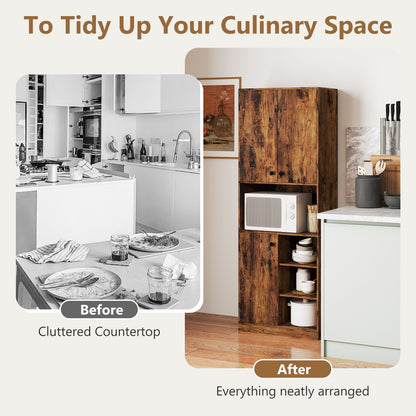 Tall Kitchen Pantry Cabinet with Microwave Shelf and Adjustable Storage Shelves - Rustic Brown