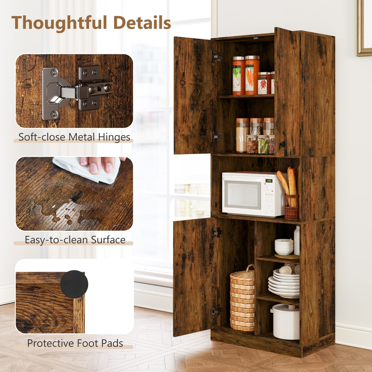 Tall Kitchen Pantry Cabinet with Microwave Shelf and Adjustable Storage Shelves - Rustic Brown