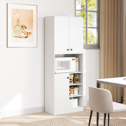 Tall Kitchen Pantry Cabinet with Microwave Shelf and Adjustable Storage Shelves - White