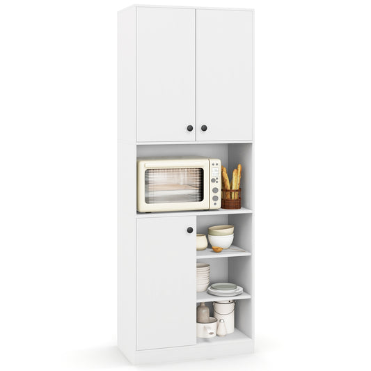 Tall Kitchen Pantry Cabinet with Microwave Shelf and Adjustable Storage Shelves - White