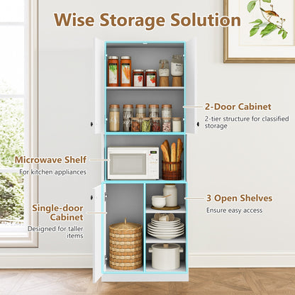 Tall Kitchen Pantry Cabinet with Microwave Shelf and Adjustable Storage Shelves - White
