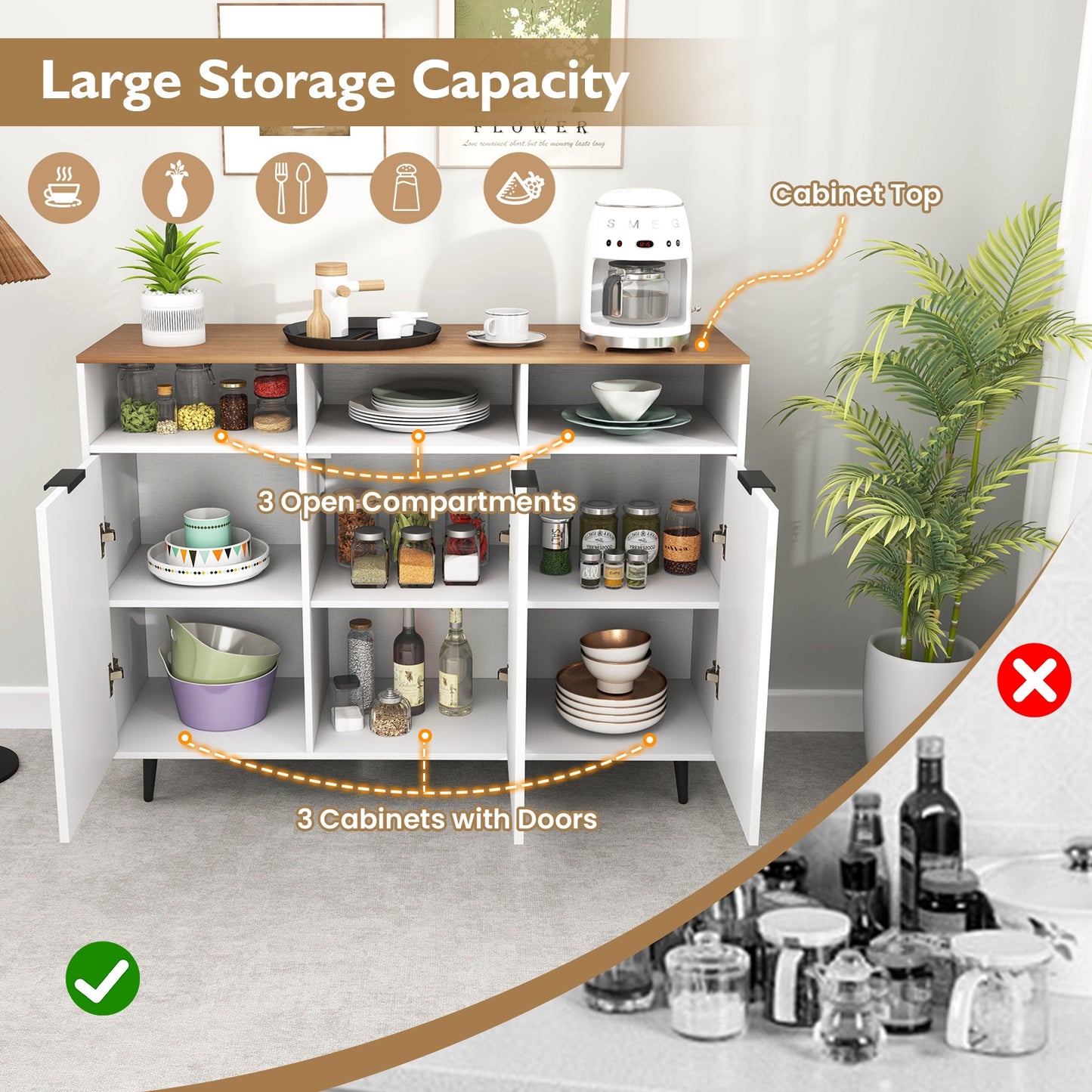 Multi-Compartment Kitchen Sideboard Cabinet with Adjustable Shelves and Secure Storage
