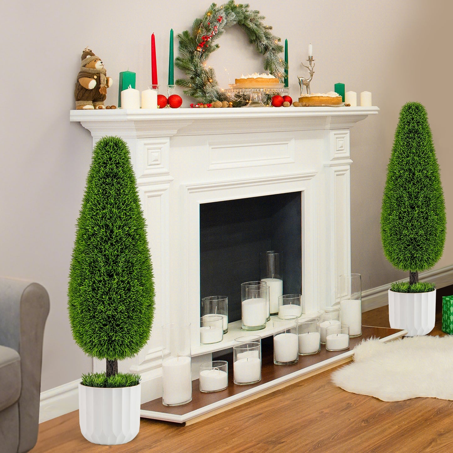 Set of 2 - 3FT Artificial Cedar Teardrop Bushes with Realistic Vines and Cement Nursery Pots-Green