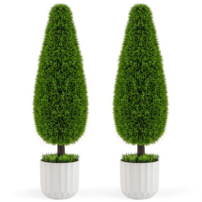 Set of 2 - 3FT Artificial Cedar Teardrop Bushes with Realistic Vines and Cement Nursery Pots-Green