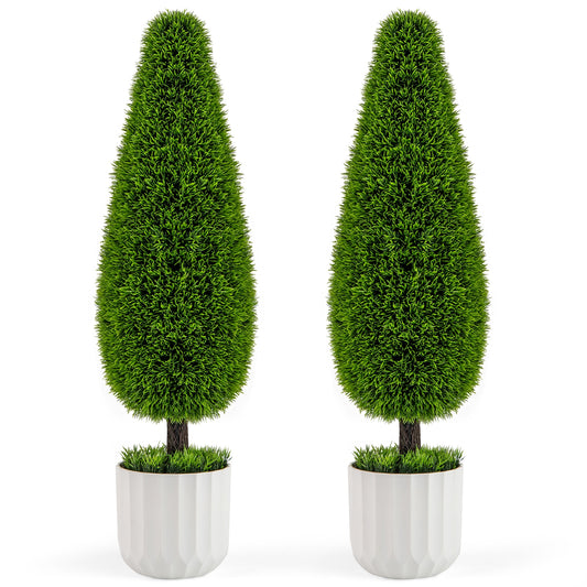 Set of 2 - 3FT Artificial Cedar Teardrop Bushes with Realistic Vines and Cement Nursery Pots-Green