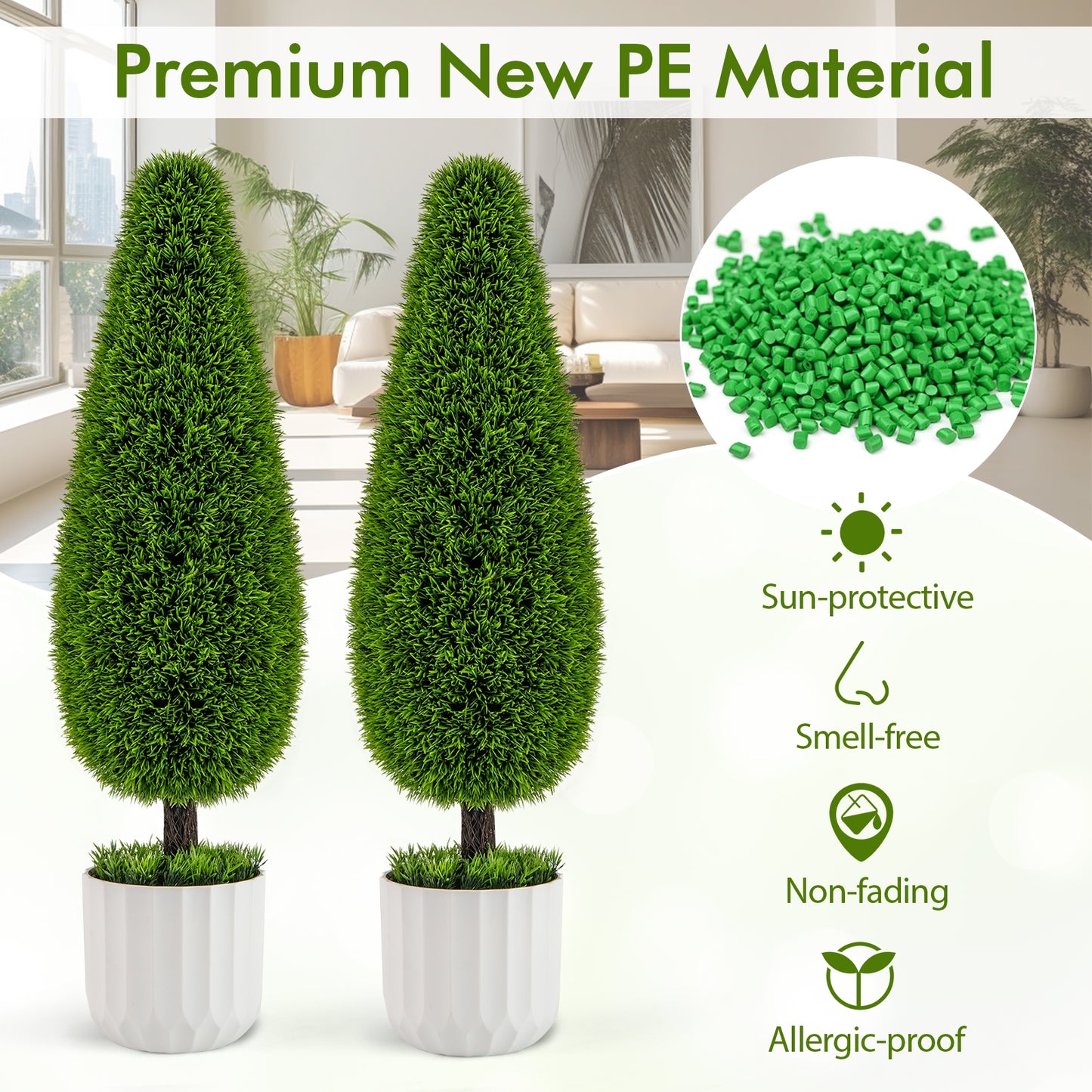 Set of 2 - 3FT Artificial Cedar Teardrop Bushes with Realistic Vines and Cement Nursery Pots-Green