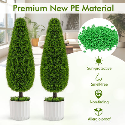 Set of 2 - 3FT Artificial Cedar Teardrop Bushes with Realistic Vines and Cement Nursery Pots-Green