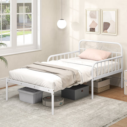 Convertible Metal Daybed with Guardrails and Armrests, Twin Size Bed – White