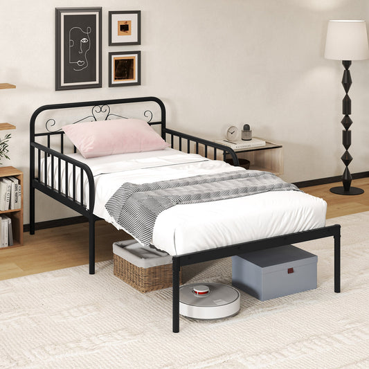 Convertible Metal Daybed with Guardrails and Armrests, Twin Size Bed – Black