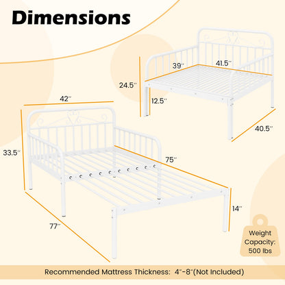 Expandable White Metal Daybed with Guardrails & Armrests, Converts to Twin Size Bed