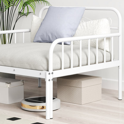 Convertible Metal Daybed with Guardrails and Armrests, Twin Size Bed – White