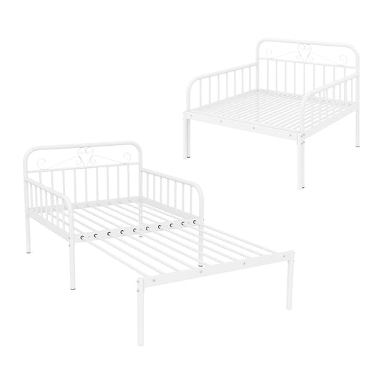 Expandable White Metal Daybed with Guardrails & Armrests, Converts to Twin Size Bed