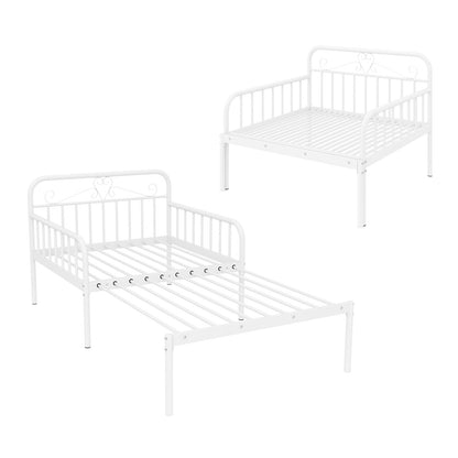 Convertible Metal Daybed with Guardrails and Armrests, Twin Size Bed – White