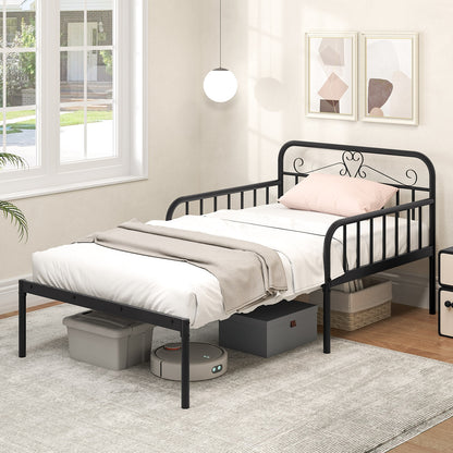 Expandable Black Metal Daybed with Guardrails & Armrests, Converts to Twin Size Bed