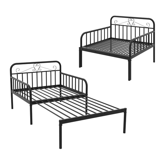 Expandable Black Metal Daybed with Guardrails & Armrests, Converts to Twin Size Bed