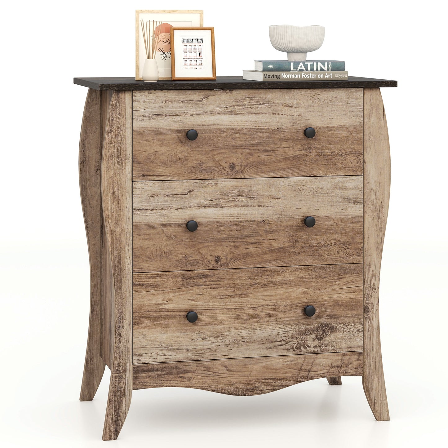 Wood Top Dresser with 3 Folding Fabric Drawers and Anti-Tip Safety Features – Brown