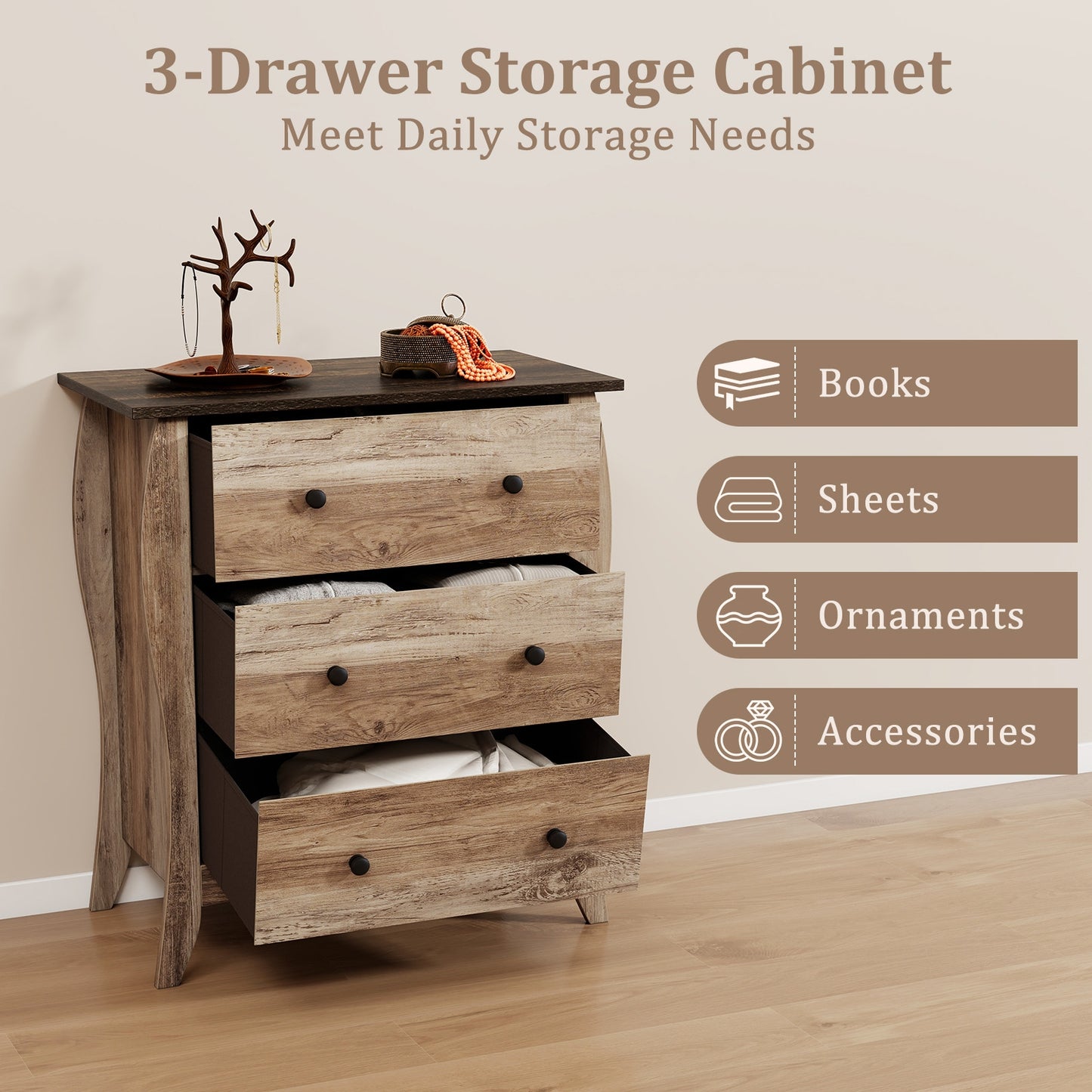 Wood Top Dresser with 3 Folding Fabric Drawers and Anti-Tip Safety Features – Brown