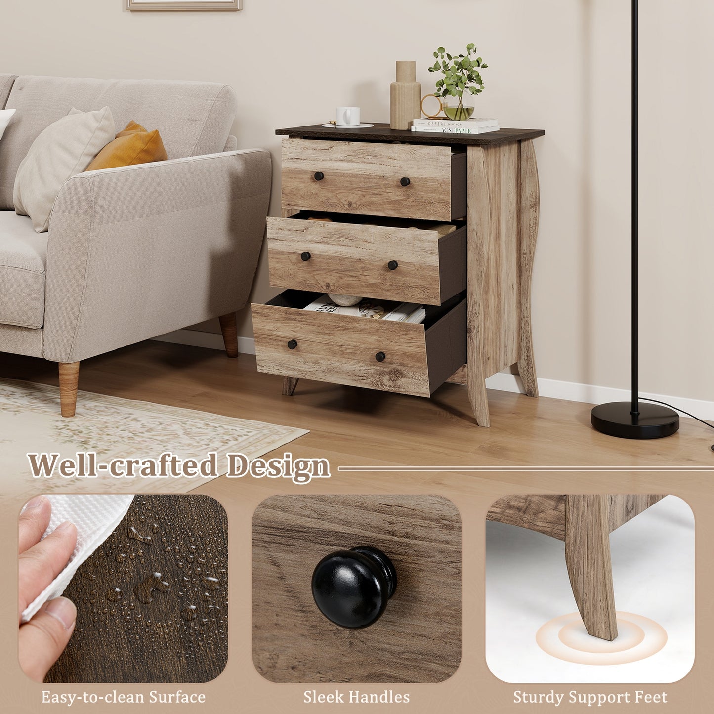 Wood Top Dresser with 3 Folding Fabric Drawers and Anti-Tip Safety Features – Brown