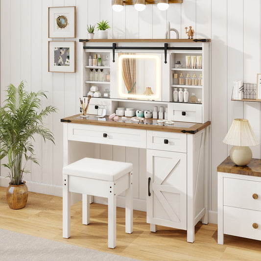 Farmhouse Makeup Vanity with Sliding LED Mirror, Adjustable Lighting and Storage Drawers