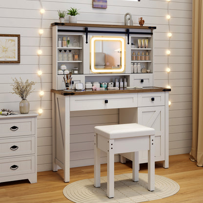 Farmhouse Makeup Vanity with Sliding LED Mirror, Adjustable Lighting and Storage Drawers