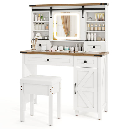 Farmhouse Makeup Vanity with Sliding LED Mirror, Adjustable Lighting and Storage Drawers