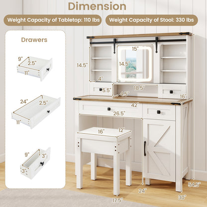 Farmhouse Makeup Vanity with Sliding LED Mirror, Adjustable Lighting and Storage Drawers