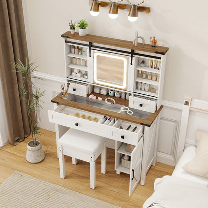 Farmhouse Makeup Vanity with Sliding LED Mirror, Adjustable Lighting and Storage Drawers