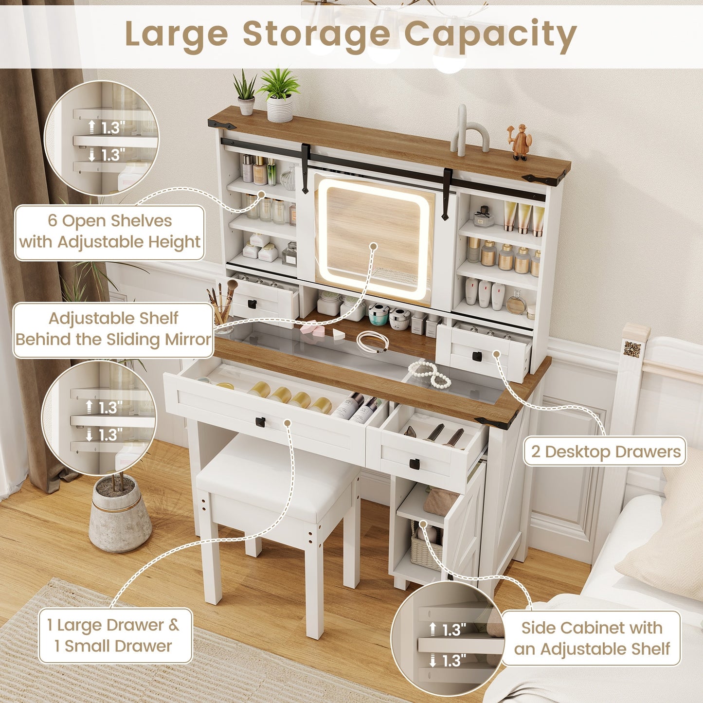 Farmhouse Makeup Vanity with Sliding LED Mirror, Adjustable Lighting and Storage Drawers