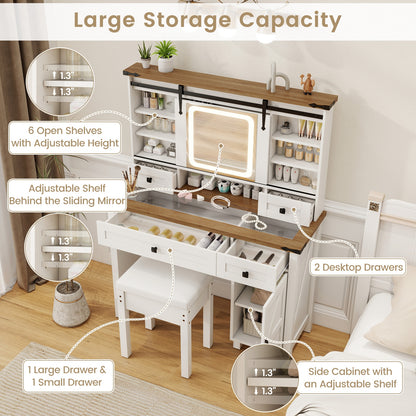 Farmhouse Makeup Vanity with Sliding LED Mirror, Adjustable Lighting and Storage Drawers