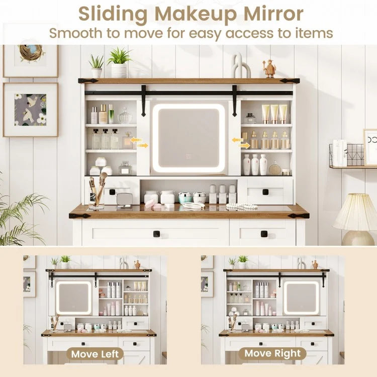 Farmhouse Makeup Vanity with Sliding LED Mirror, Adjustable Lighting and Storage Drawers