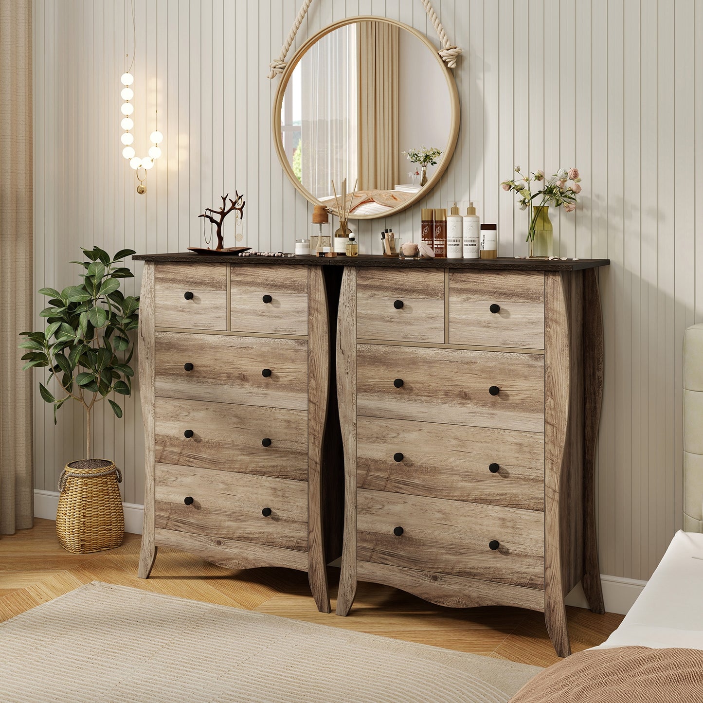 Wood Top Dresser with 5 Folding Fabric Drawers and Anti-Tip Safety Features – Brown