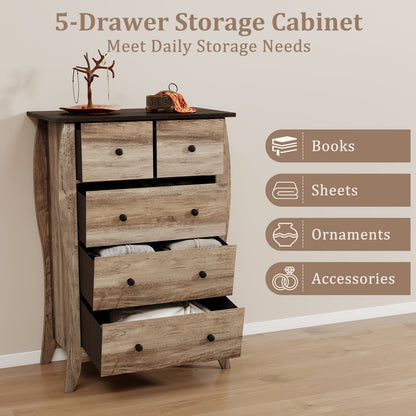Wood Top Dresser with 5 Folding Fabric Drawers and Anti-Tip Safety Features – Brown