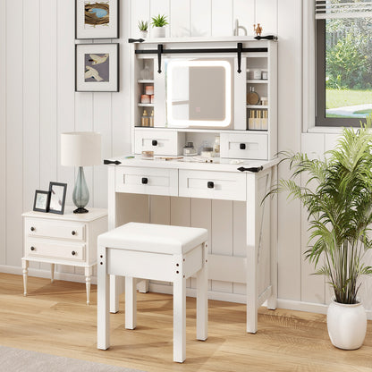 Modern Makeup Vanity with Sliding Mirror, LED Lights and Adjustable Storage Shelves