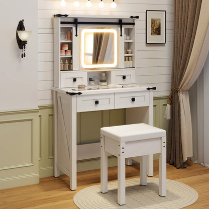 Modern Makeup Vanity with Sliding Mirror, LED Lights and Adjustable Storage Shelves