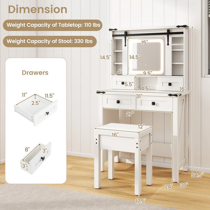Modern Makeup Vanity with Sliding Mirror, LED Lights and Adjustable Storage Shelves
