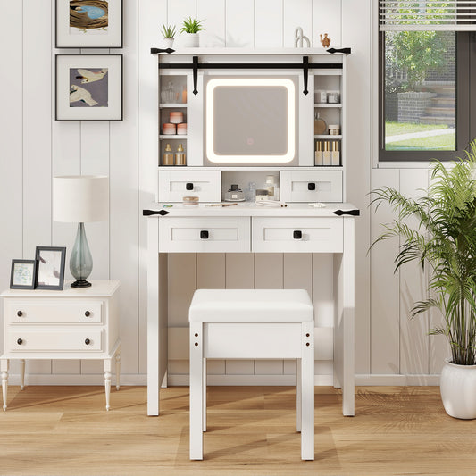 Modern Makeup Vanity with Sliding Mirror, LED Lights and Adjustable Storage Shelves