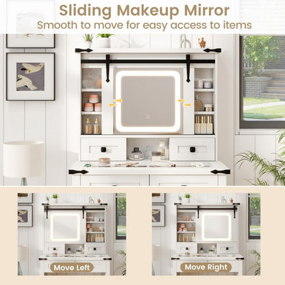 Modern Makeup Vanity with Sliding Mirror, LED Lights and Adjustable Storage Shelves