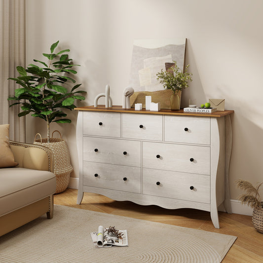 Wood Top Dresser with 7 Folding Fabric Drawers and Anti-Tip Safety Features – Grey